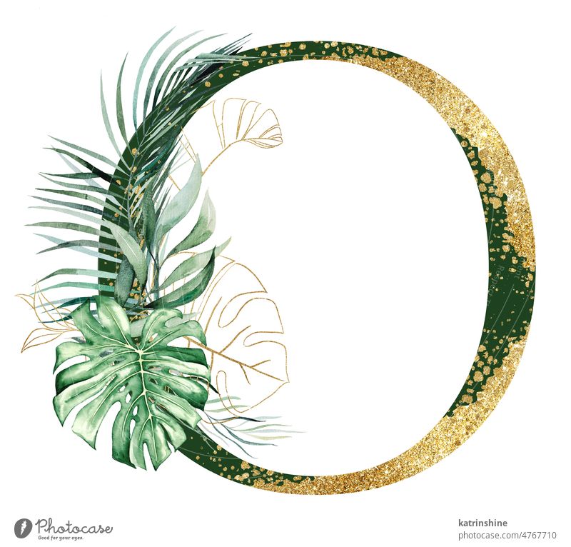 Goldener Buchstabe O verziert mit grünen und goldenen Aquarell tropische Blätter isoliert botanisch Charakter Zeichnung Element exotisch handgezeichnet Feiertag