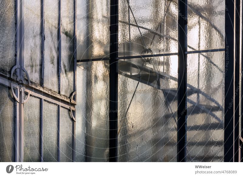 Eine Wendeltreppe hinter einer Glaswand, Fassade aus Stahl und Glas, transparent Treppe Glashaus Wand winden Einblick Sonnenlicht Ausschnitt Geometrie kühl