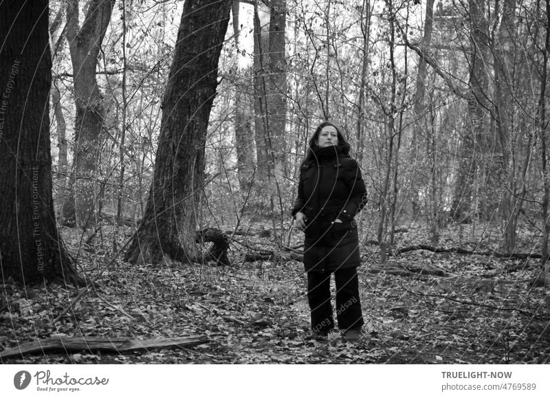 Eine Frau mittleren Alters steht ganz allein und still in einem lichten Wald, sie scheint dem Gespräch der Bäume aufmerksam zu lauschen und die Energie des Waldbodens zu spüren und in sich aufzunehmen.