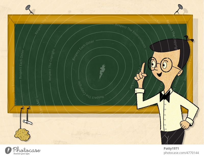 Lehrer steht lächelnd mit erhobenem Zeigefinger vor einer grünen Schultafel. Illustration Bildung Cartoon lernen Grafik u. Illustration Schule Tafel Studium