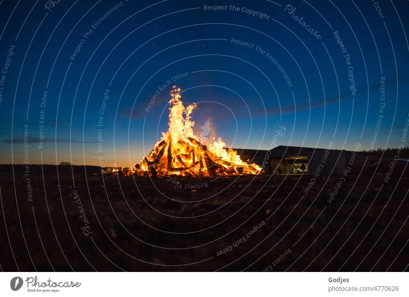 Großes Lagerfeuer auf einem Feld Osterfeuer Feuer Nacht brennen Außenaufnahme Brand Farbfoto Flamme Wärme Feuerstelle Menschenleer heiß Glut Holz schwarz