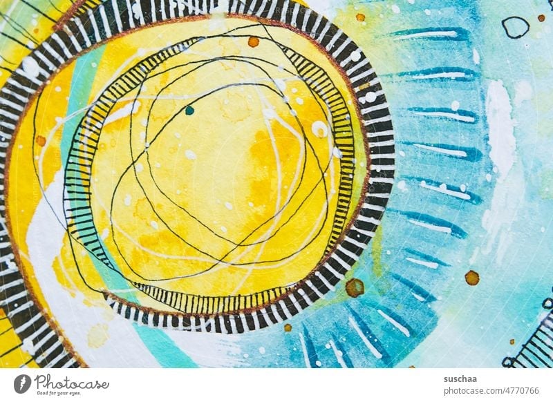 gemaltes in cyan und gelb Farbe Aquarellfarbe gestrichelt Kreise Schnörkel abstrakt Kunst Strukturen & Formen Kreativität bunt hell farbig Lebensfreude Sonne
