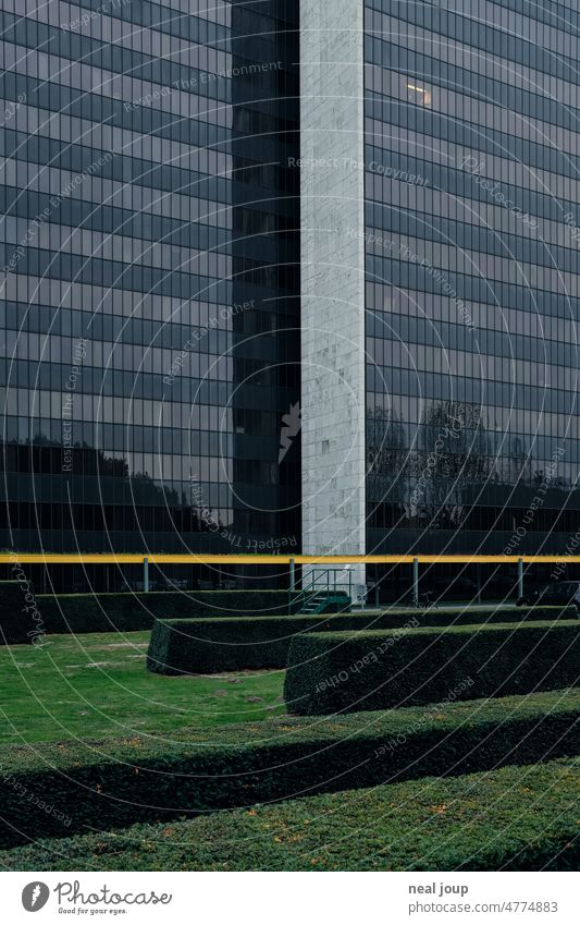 Düstere Hochhausfassade mit grafisch geschnittener Heckenanlage Architektur Bürogebäude Stahl und Glas dunkel Fläche anonym düster Struktur Wirtschaft