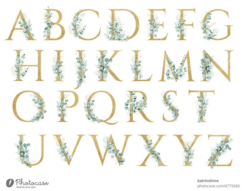 Goldenes Alphabet Buchstaben mit grünen Aquarell Eukalyptus-Zweige und Blätter verziert isoliert botanisch Charakter Zeichnung Element handgezeichnet Feiertag