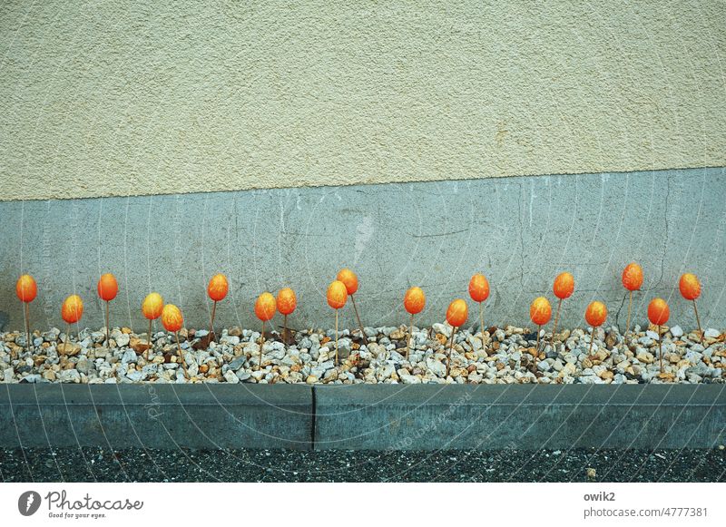Eiersalat auf Schotter Ostereier Dekoration & Verzierung viele Ostern bemalt orange identisch gleich Ansammlung fraußen Straßenrand aufgespießt Kies Feiertag