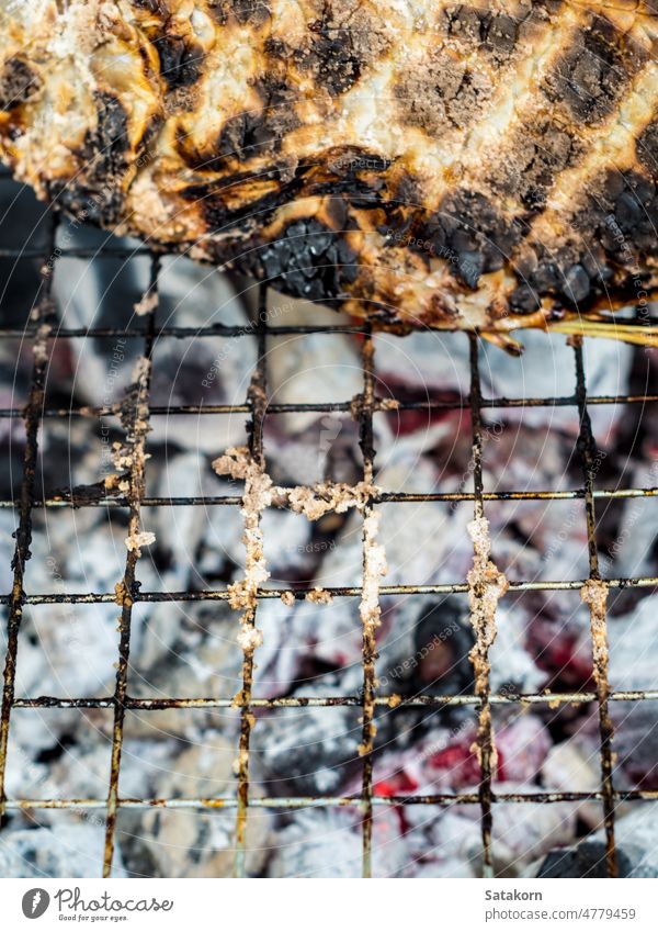 Fischhaut auf heißer Holzkohle gegrillt, bis sie schwarz und verbrannt ist Lebensmittel Grillrost Hintergrund lecker Fleisch gebraten Mahlzeit Gesundheit