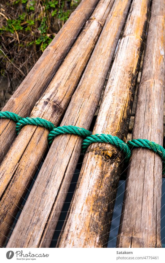 Krawatte aus getrocknetem Bambus mit grünem Nylonseil trocknen natürlich Brücke Natur tropisch Seil Wald im Freien Holz hölzern Asien Weg Nahaufnahme alt