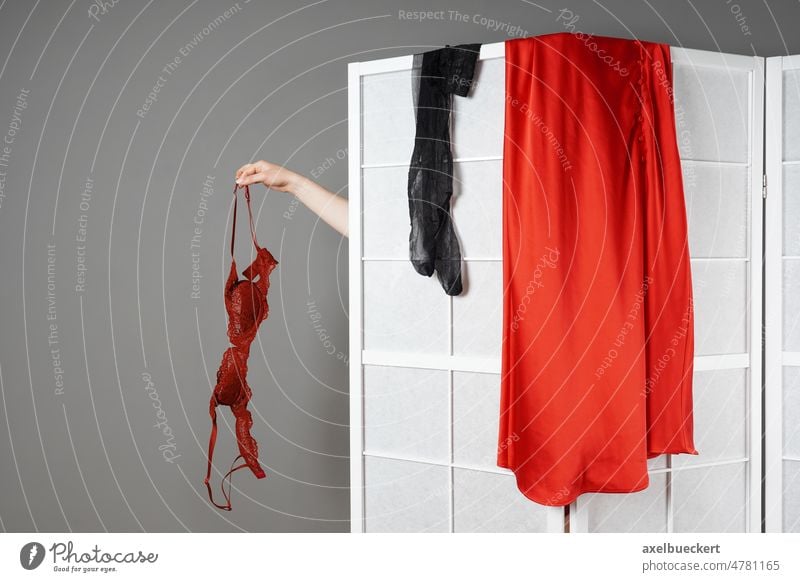 Hand hält BH, während sich eine versteckte Frau hinter einer Faltwand entkleidet sich[Akk] ausziehen hinten Wandschirm Streifen aufgeilen Striptease Tierhaut