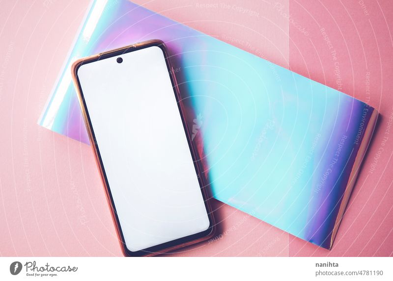 Elegantes Android-Handy-Mockup mit einem frischen Design mit irisierenden Farben Attrappe Telefon Bildschirm neu Zukunft elegant Eleganz Sauberkeit Pastell Töne