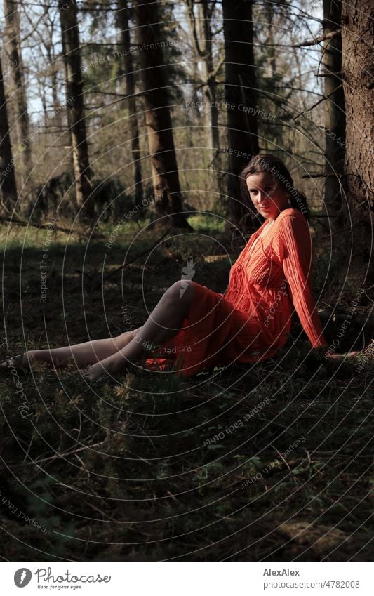 Junge Frau in rotem Kleid sitzt im Frühlingswald und schaut seitlich in die Kamera jung schön langhaarig brünett anmutig Schönheit 18-30 Jahre selbstbewußt