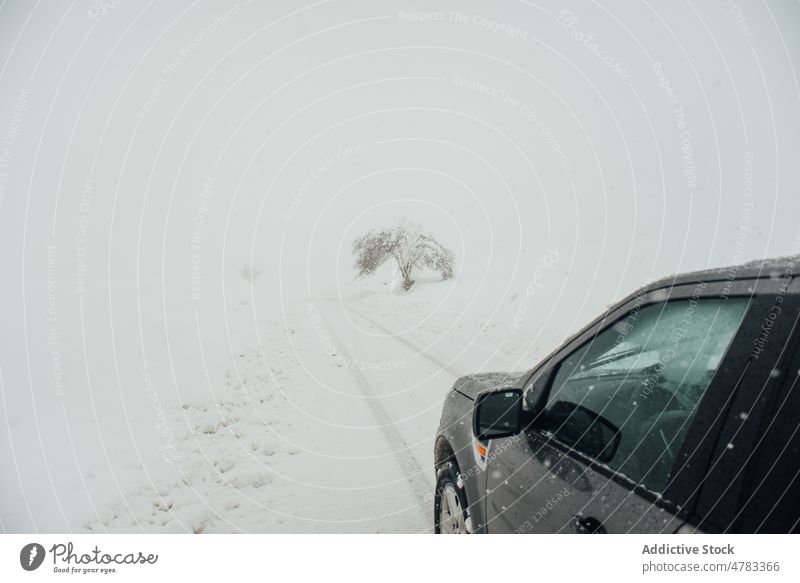 Autofahren auf verschneiter Straße PKW Laufwerk Schnee Winter Landschaft Raureif Speedway Autoreise Automobil kalt Nebel Wetter Fahrzeug Frost Route gefroren
