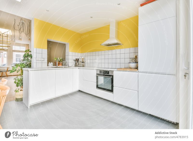 Innenansicht der Küche mit verschiedenen Geräten Vorrichtung Innenbereich Stil Design modern Abfertigungsschalter Kabinett Esstisch Appartement trendy