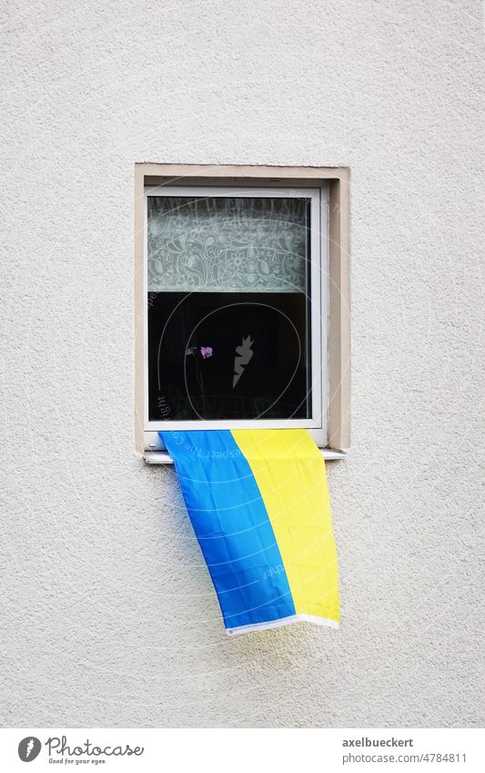 flagge der ukraine hängt am fenster eines wohnhauses Flagge der Ukraine Fahne Fenster blau gelb Ukrainer Solidarität wohnbedingt Gebäude erhängen Haus national