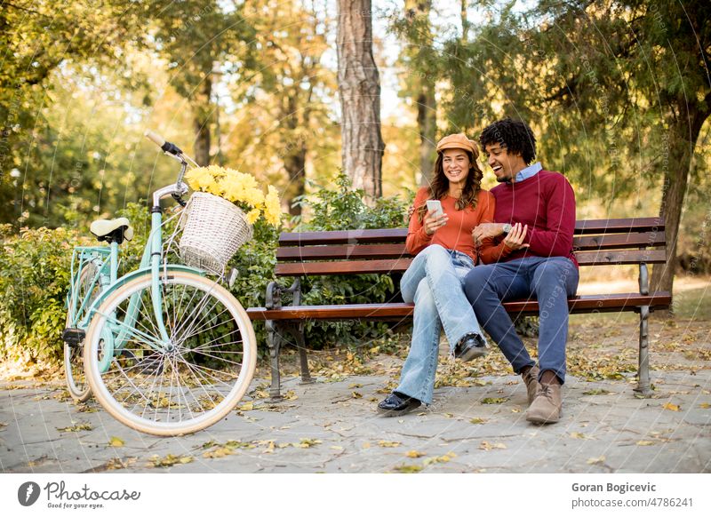 Multiratial liebendes Paar sitzt auf Bank im Herbst Park Afrikanisch Amerikaner attraktiv Korb Fahrrad Kaukasier Datierung fallen Blumen Freunde Fröhlichkeit