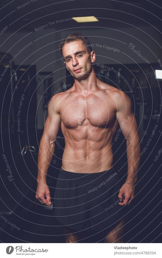 Starker athletischer Mann Porträt - Fitnesstrainer passen Körper männlich Gesundheit Athlet stark Muskel gutaussehend Lifestyle muskulös Torso sexy ohne Hemd