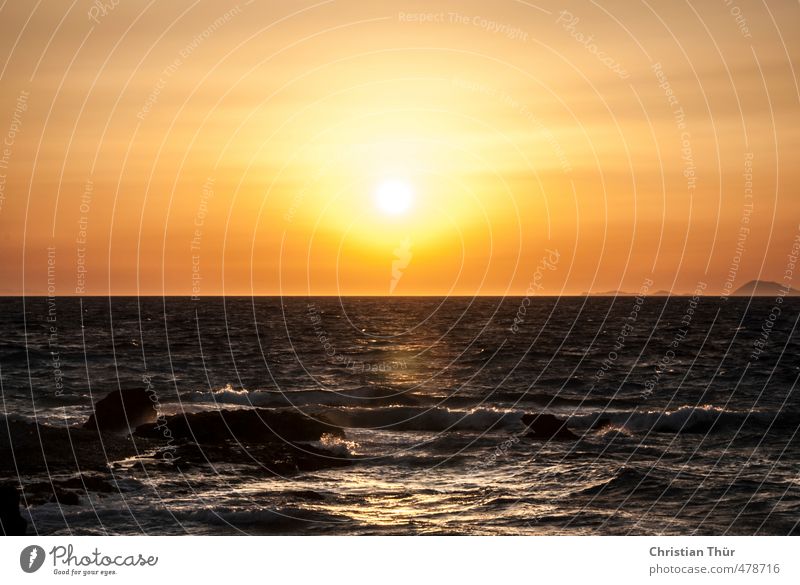 Sonnenuntergang am Meer II Umwelt Natur Wasser Himmel Sonnenaufgang Sonnenlicht Sommer Schönes Wetter Wellen Küste Strand Rhodos Griechenland Europa Kleinstadt
