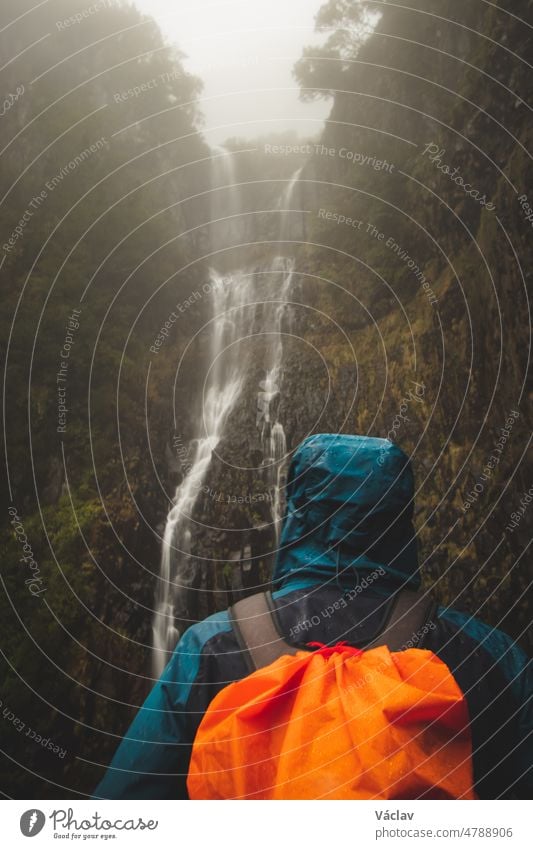 Regenwetter-Wanderer in wasserdichter Jacke betrachtet den majestätischen, in Nebel und Regen getauchten Risco-Wasserfall auf der Insel Madeira, Portugal. Magische Orte in Europa entdecken