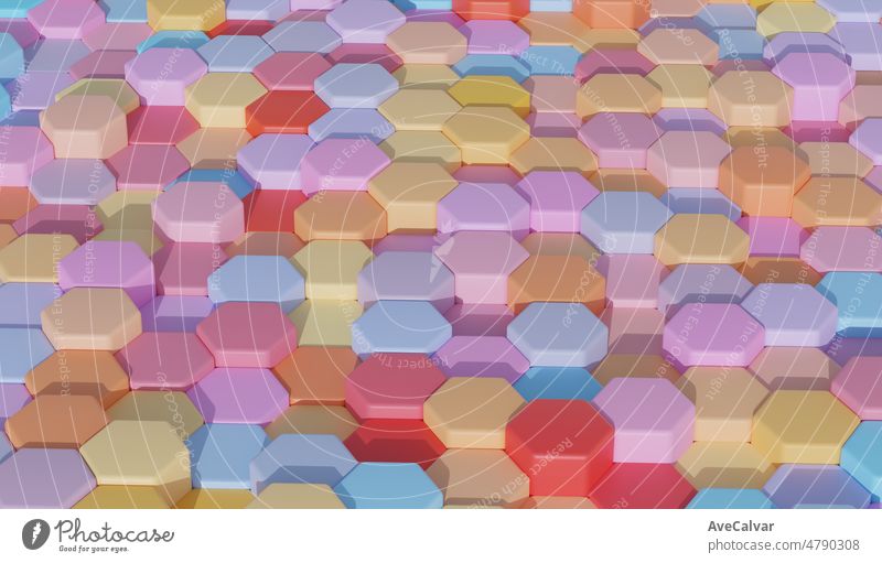 Vibrant Multi Farbe Spielzeug Hintergrund Tapete Sammlung hexagonal pattern.3D-Render-Bild mit Textur ideal für Marketing und Social Media Bilder. Minimale Leinwand Kopierraum für Text und Bilder