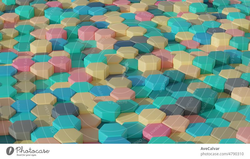 Vibrant Multi Farbe Spielzeug Hintergrund Tapete Sammlung hexagonal pattern.3D-Render-Bild mit Textur ideal für Marketing und Social Media Bilder. Minimale Leinwand Kopierraum für Text und Bilder