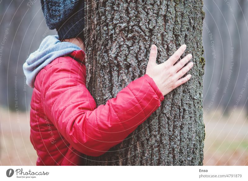 Umarmung Baumstamm im Herbst Park, Frau umarmt alten Baum im Freien, Liebe und Einheit mit der Natur umarmend Kofferraum Hände Wald Hand berühren Pflege Konzept