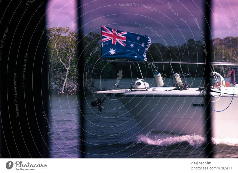 Ein  weißes Motor Schiff fàhrt in flotter Fahrt vorbei. Eine leichte Bugwelle und eine Australia Flagge Flagge geben dem ganzen etwas besonderes. Im Hintergrund sind Mangroven.