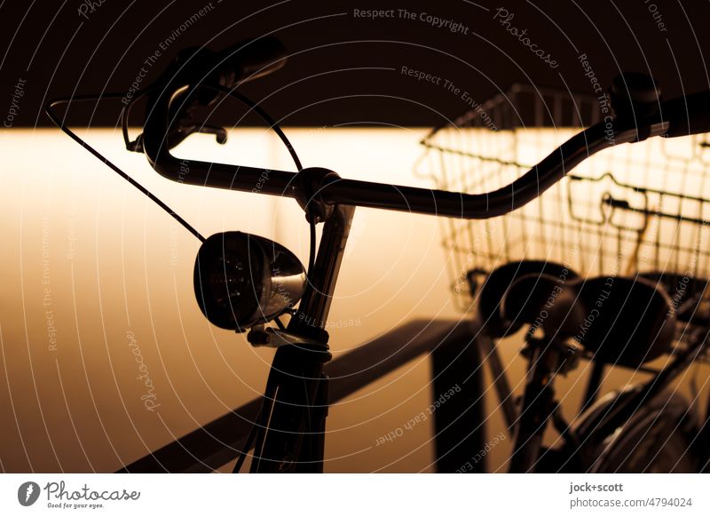 Guter Rad ist nicht teuer Fahrrad Lenker Lampe Fahrradlenker Fahrradsattel Fahrradkorb Silhouette Kunstlicht Standort Gegenlicht Nacht Nostalgie Verkehrsmittel