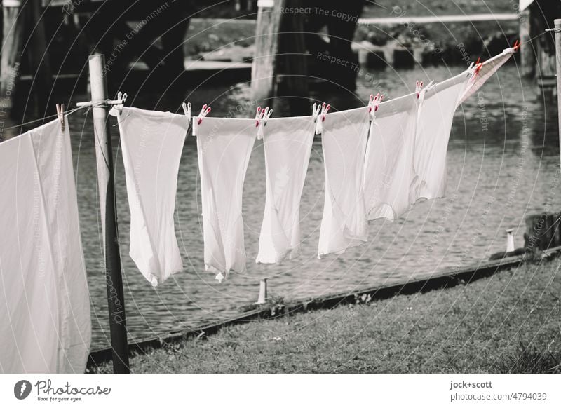 Sonntags Wäsche waschen und sonnig luftig trocknen Wäscheleine Waschtag Haushaltsführung Alltagsfotografie Bekleidung sauber rein hängen Wind Sauberkeit