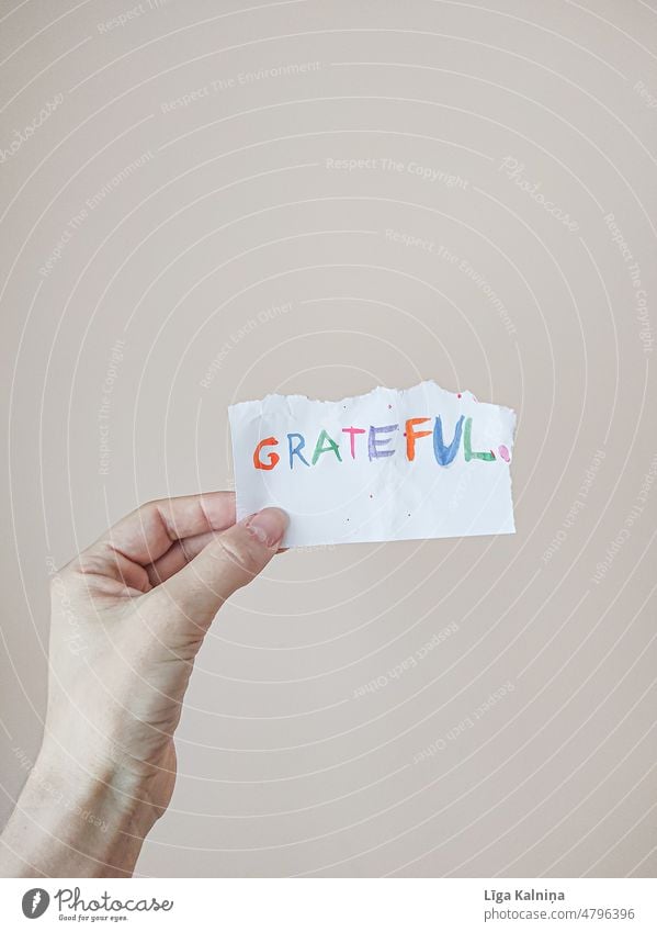 Hand hält ein Papier mit Wort dankbar Dankbarkeit danken Freude Schriftzeichen Text Buchstaben Muttertag schreibend Farbfoto Kommunizieren danke schön positiv