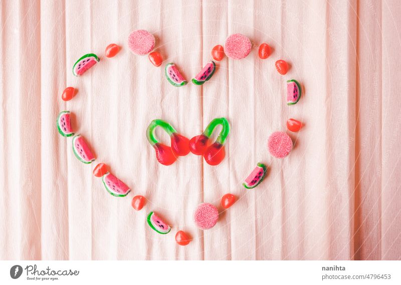 Herzform mit Jelly Beans machen süß Götterspeise Bohne Sommer Liebe Korallen Versuchung lecker Kirsche Wassermelone bittersüß süß-sauer rosa ungesund Design