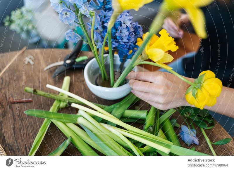 Anonyme Frau beim Erstellen eines japanischen Blumenarrangements kenzan Japan Frühling Floristik farbenfroh frisch Blumenhändler Haufen Knackfrosch Japanisch