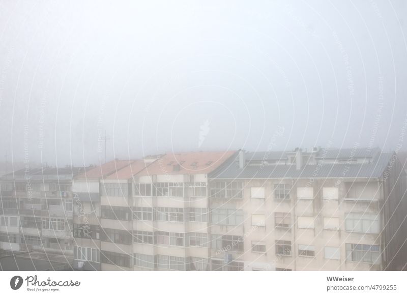 Die Häuser einer ärmlichen Wohngegend tauchen aus dem Morgennebel auf Nebel Stadt Wohnbezirk wohnen sozial trist früh schief Fassade Haus Fenster Gebäude