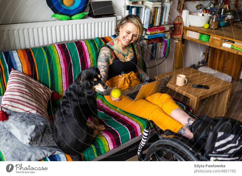 Junge Frau benutzt einen Laptop, während sie zu Hause auf dem Sofa sitzt Rollstuhl häusliches Leben Selbstvertrauen im Innenbereich heimwärts Menschen jung