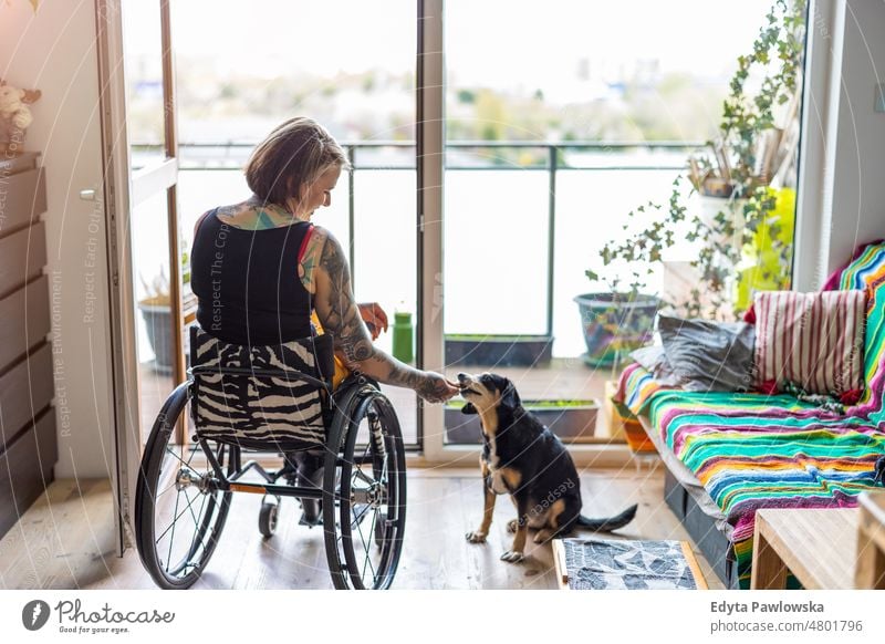 Junge Frau mit Behinderung mit ihrem Hund zu Hause Rollstuhl häusliches Leben Selbstvertrauen im Innenbereich heimwärts Menschen jung Erwachsener lässig