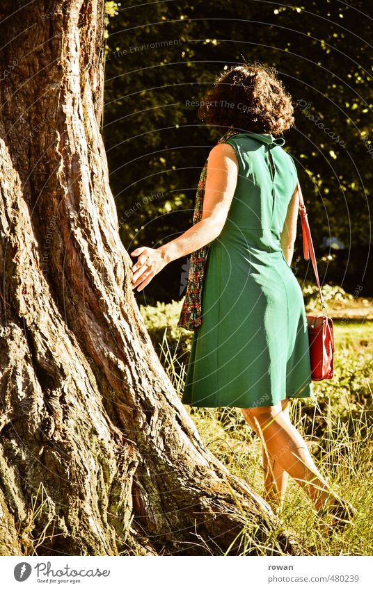 moment Mensch feminin Junge Frau Jugendliche Erwachsene Natur Schönes Wetter Baum Garten Park Wald Kleid Wärme Vorsicht Gelassenheit geduldig ruhig