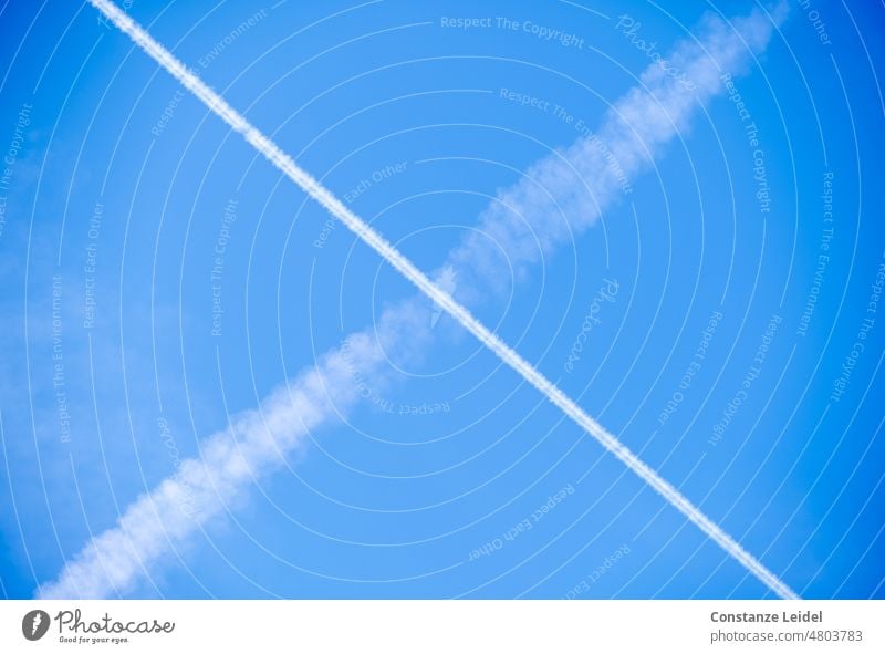 Kondensstreifen vonh Flugzeugen, die sich im blauen Himmel kreuzen. Luftverkehr Wolken Ferien & Urlaub & Reisen Schönes Wetter fliegen Außenaufnahme Tourismus