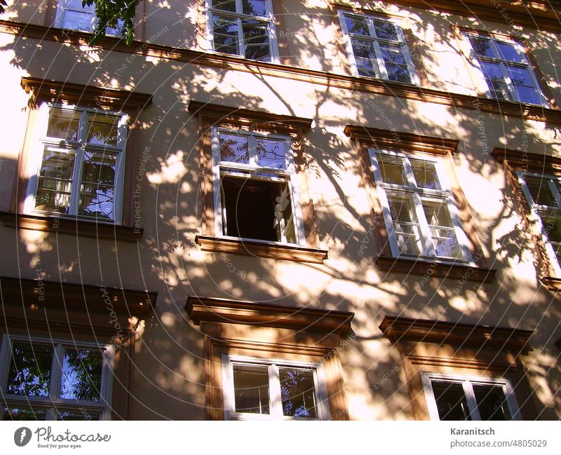 Es gibt einen Schatten auf einer Außenwand; Spittelberg in Wien Licht Morgen Morgensonne Silhouette Haus Mietshaus Hausfassade Fenster offen bildlich Atmosphäre