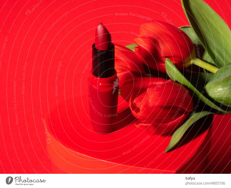 Roter Lippenstift, Tulpen auf Herzbox für Frauen, Valentinstag Liebe zusammenstellen Muttertag Blumen Blumenstrauß Schönheit Geschenkverpackung Frühling