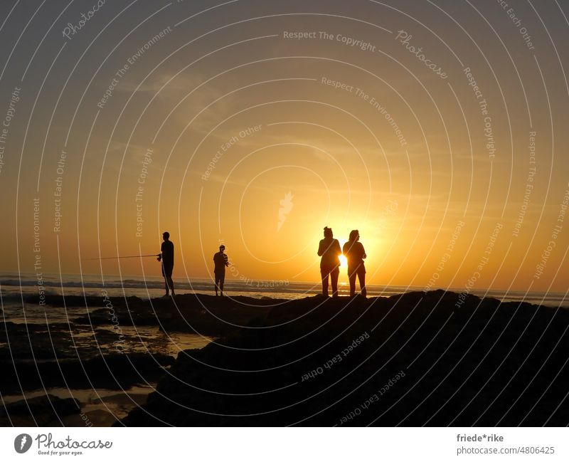 Menschen am Strand vor Sonnenuntergang Abendstimmung Freiheit Sommerurlaub Licht Abenddämmerung Textfreiraum oben Dämmerung Horizont Tourismus Farbfoto