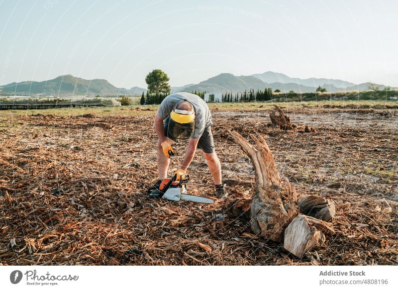 Anonymer Landwirt schneidet Brennholz mit Kettensäge auf dem Lande geschnitten Holz Landschaft Feld vorbereiten Mann Kofferraum männlich Baum Berge u. Gebirge