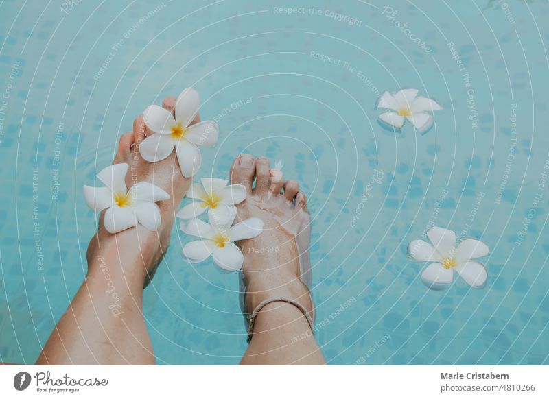 Hohe Winkel Ansicht der Füße Einweichen in blauen klaren Wasser mit Frangipani Blumen verwöhnend Selbstfürsorge Lifestyle Draufsicht Sommer Wellness