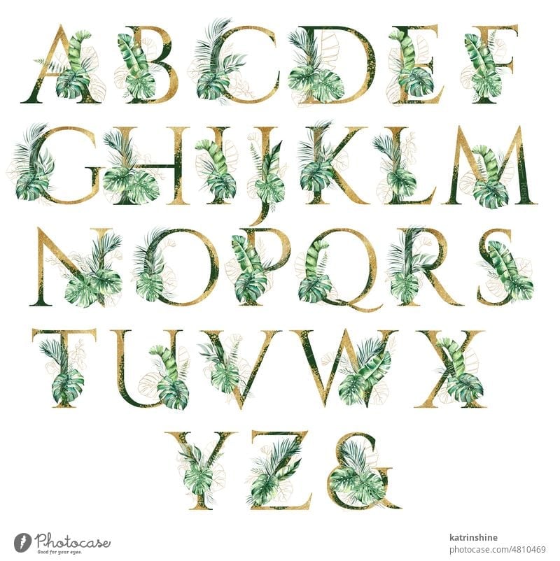 Goldenes Alphabet Buchstaben mit grünen und goldenen Aquarell tropischen Blättern verziert isoliert botanisch Charakter Zeichnung Element exotisch