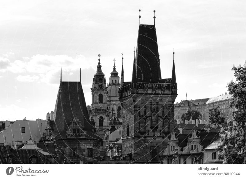 Die goldene Stadt in farblos Karlsbrücke Prag Tschechien Turm Architektur Mittelalter Altstadt historisch Außenaufnahme Sehenswürdigkeit Hauptstadt Brücke