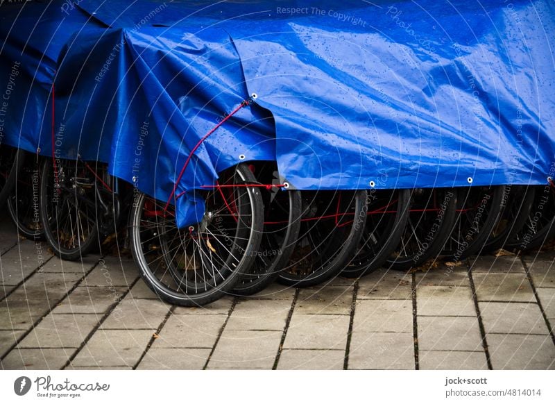 Leihfahrräder unter Abdeckplane in der Winterpause Leihfahrrad Mobilität Fahrrad Verkehrsmittel abgestellt Reihe authentisch aufgereiht Sammlung nebeneinander