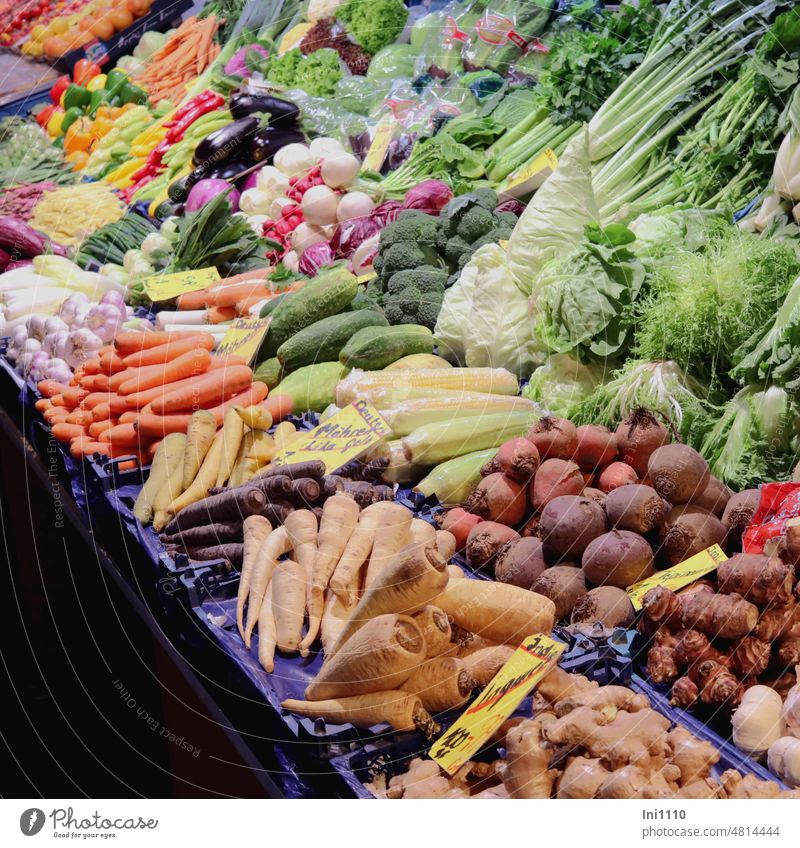 Gemüse in Hülle und Fülle Markt Nahrungsmittel Ernährung Gemüseladen Gemüsemarkt einkaufen Gesunde Ernährung üppig reichlich Vielfalt Auswahl Auslage Möhren