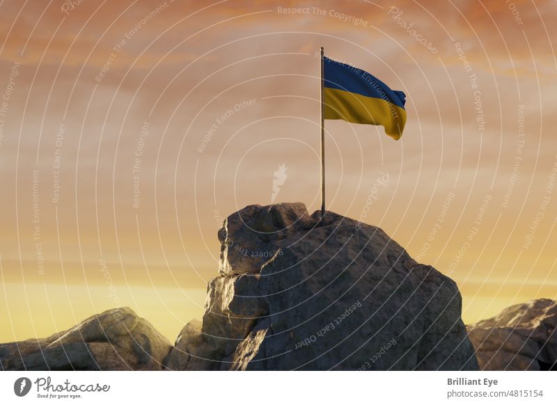 wehende ukrainische Flagge auf felsiger Landschaft 3D-Rendering Ukraine Ukrainer Hintergrund Schönheit feiern Feier Wolken farbenfroh Konzept dramatisch Europa