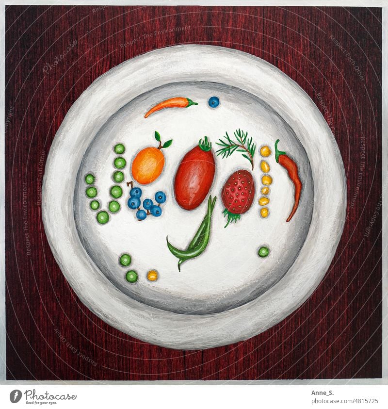 Gemälde eines Tellers, auf dem Obst und Gemüse das Wort „vegan“ bilden. Acrylfarbe Malerei Vegane Ernährung gemalt Vegetarische Ernährung Veganismus vegetarier