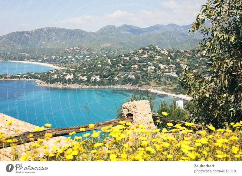 Blick auf eine Bucht auf Sardinien, Berge, Zaun, weiße Villen, gelbe Blumen Meer Mittelmeer Hügel Insel blau Ufer Küste Wasser Ferien & Urlaub & Reisen