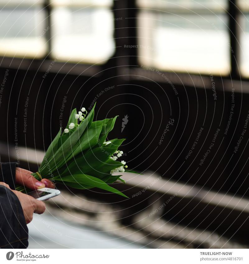 Multi tasking: Frischer Maiglöckchen Strauß und Smartphone in den Händen beim Warten auf die S-Bahn am Bahnsteig Blumenstrauß Maiglöckchenstrauß frisch grün
