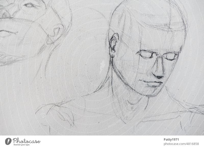 Bleistiftskizze eines menschlichen Kopfes mit Konstruktions- und Hilfslinien Mensch Skizze Porträt kreativ handgezeichnet Zeichnung Nase Augen Mund Ohr
