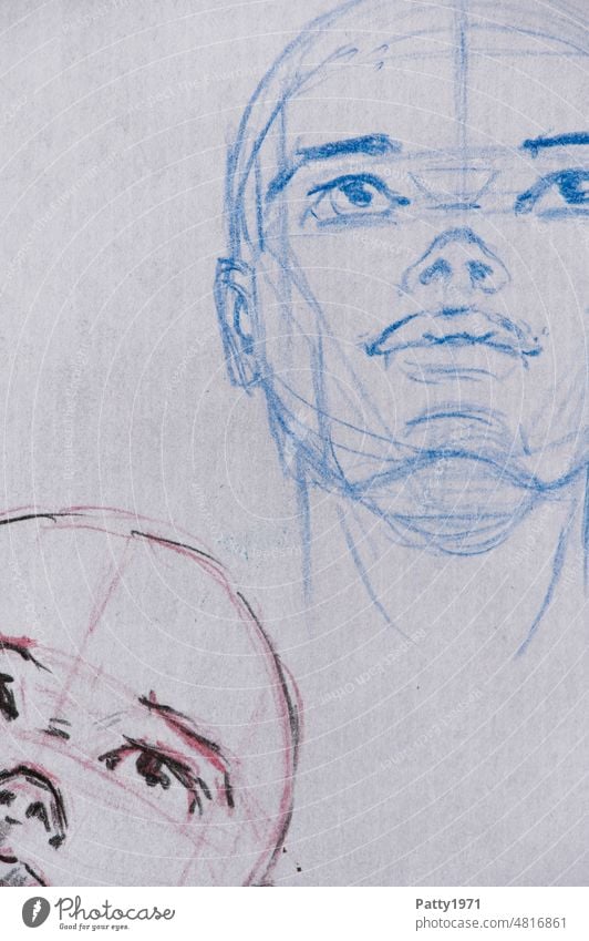 Unfertige Skizze zweier junger Gesichter Porträt abstrakt Zeichnung Kreativität Grafik u. Illustration handgezeichnet Augen Blick nach oben